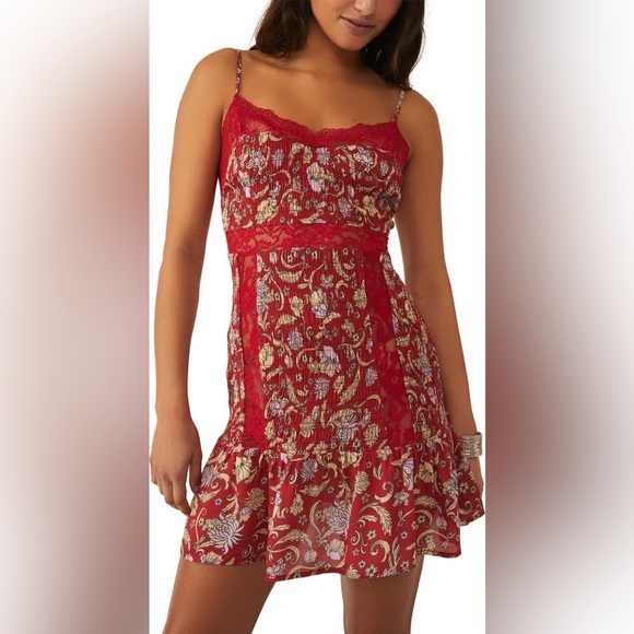 Free People Intimately Last Night Mini Nightgown Slipdress Cherry Combo - Picture 4 of 9
